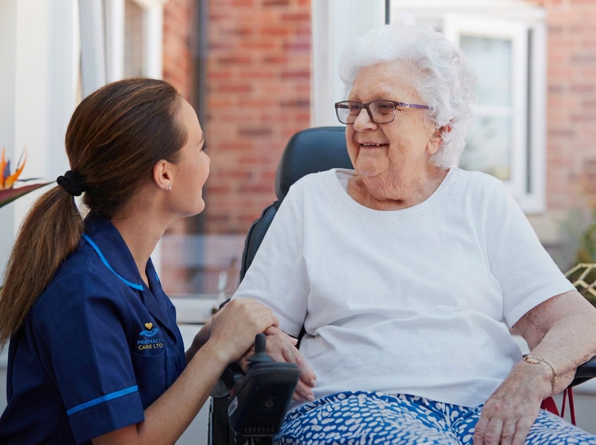 Premald Care carer in navy uniform talking with an older client outside her home
