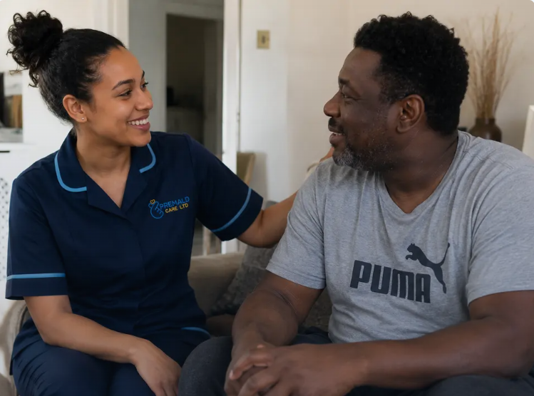 Premald Care support worker in navy uniform in a supportive conversation with a client