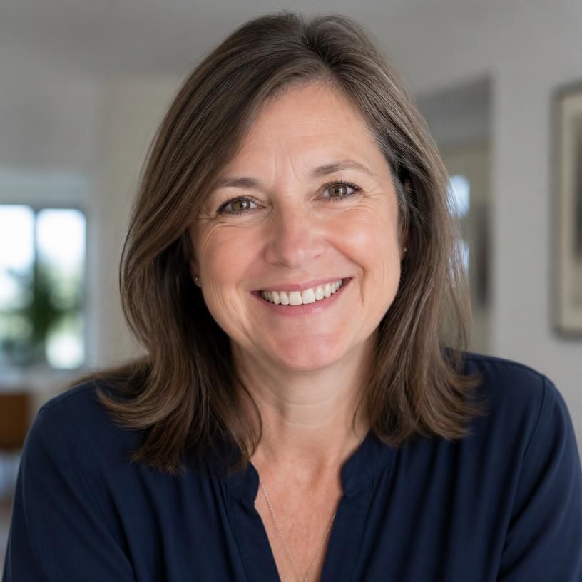 Client's daughter, a middle-aged British woman, smiling at home